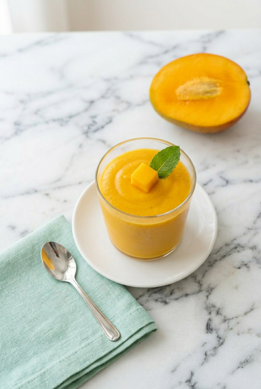 Mango mousse served in a glass cup on a white plate with fresh mango garnish
