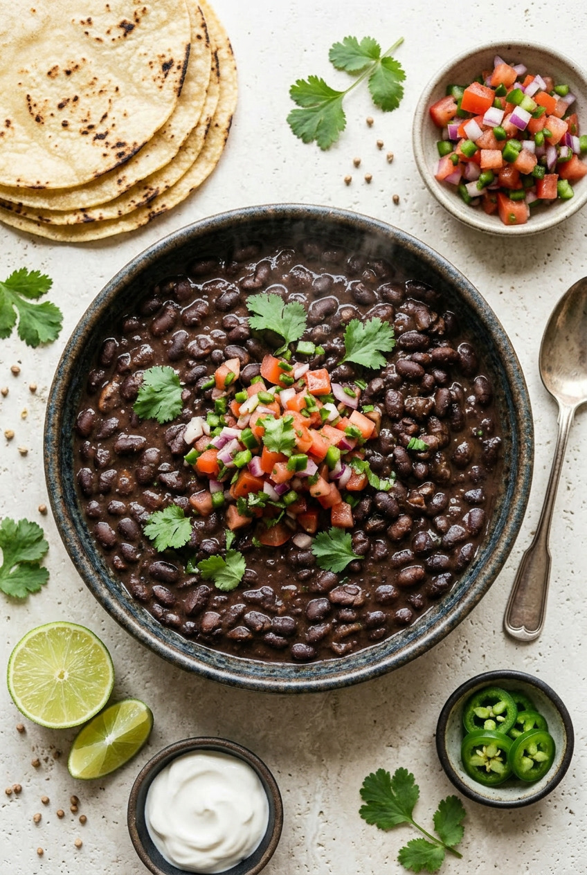 Mexican black beans overhead with tortillas and lime