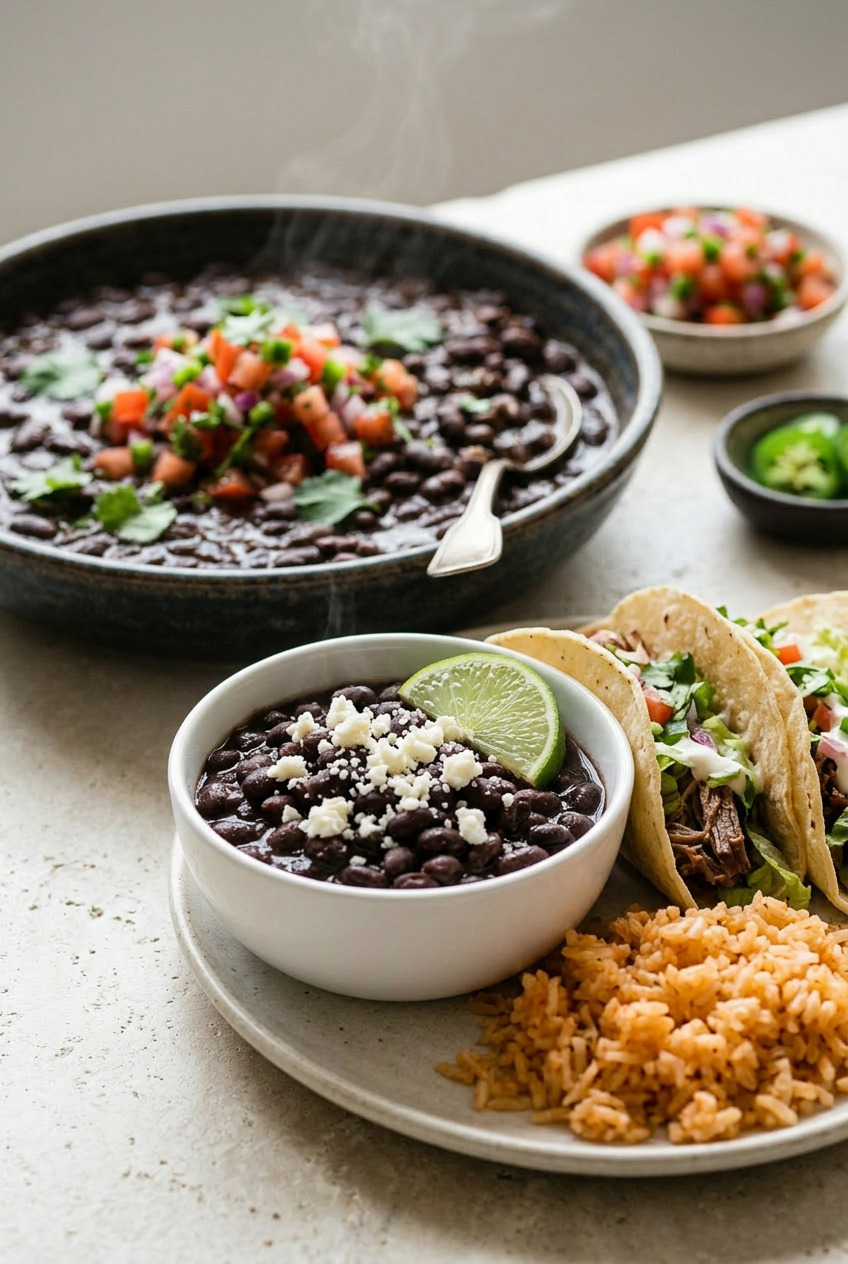 Mexican black beans served with tacos and rice