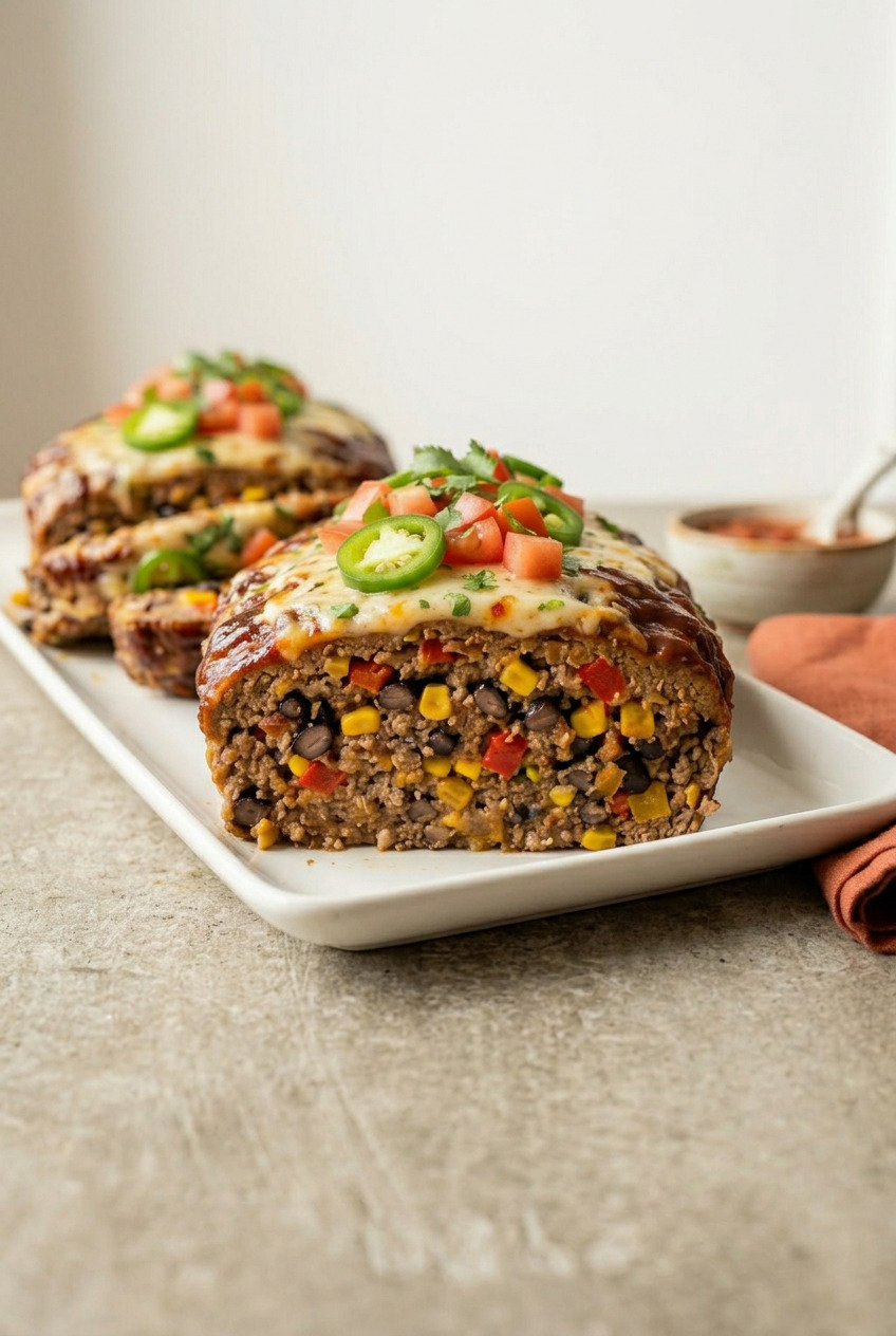 Close-up of a slice of Mexican meatloaf showing black beans, corn, melted pepper jack cheese, and chipotle glaze
