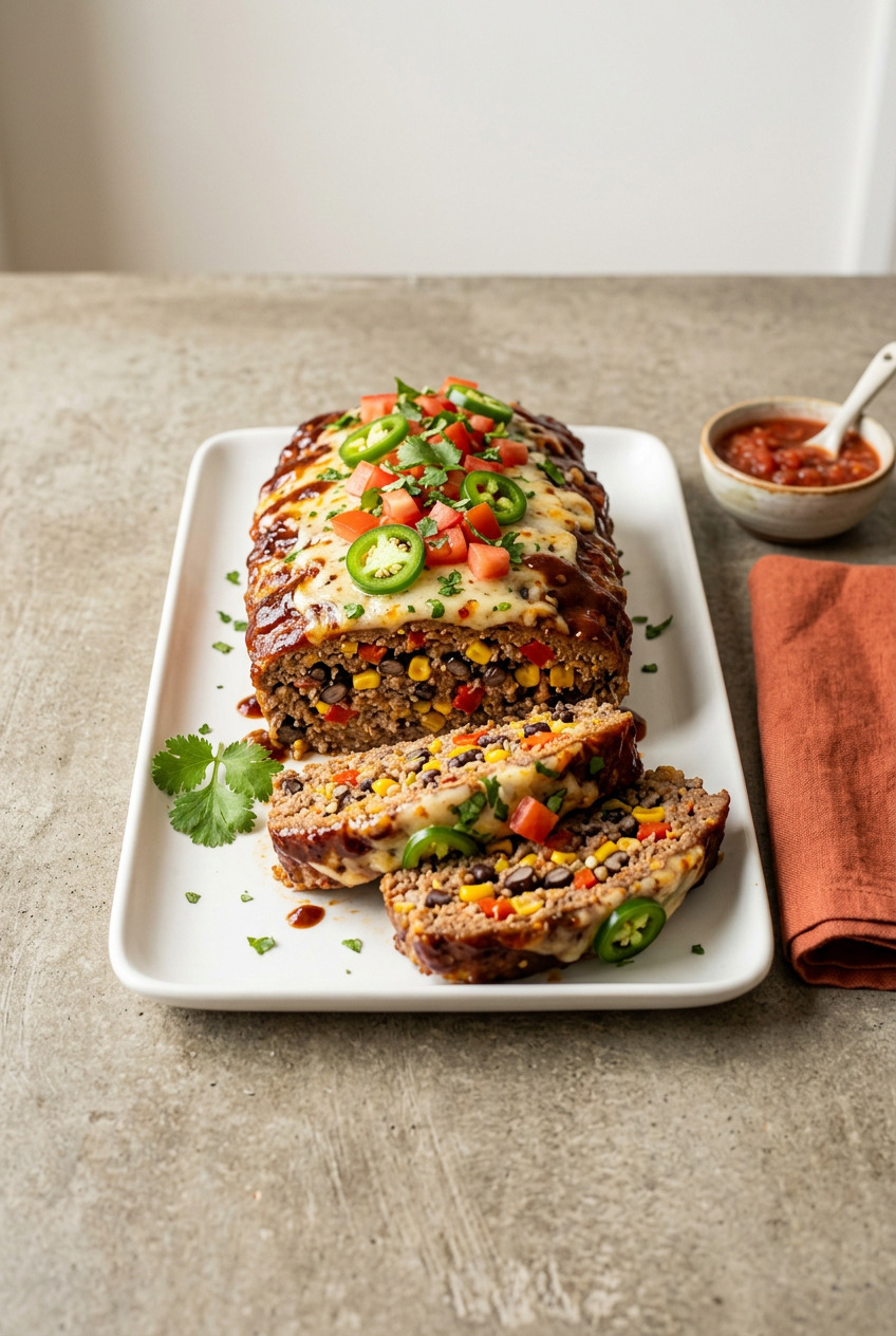 Sliced Mexican meatloaf with melted pepper jack cheese, black beans, and chipotle glaze on a parchment-lined baking sheet