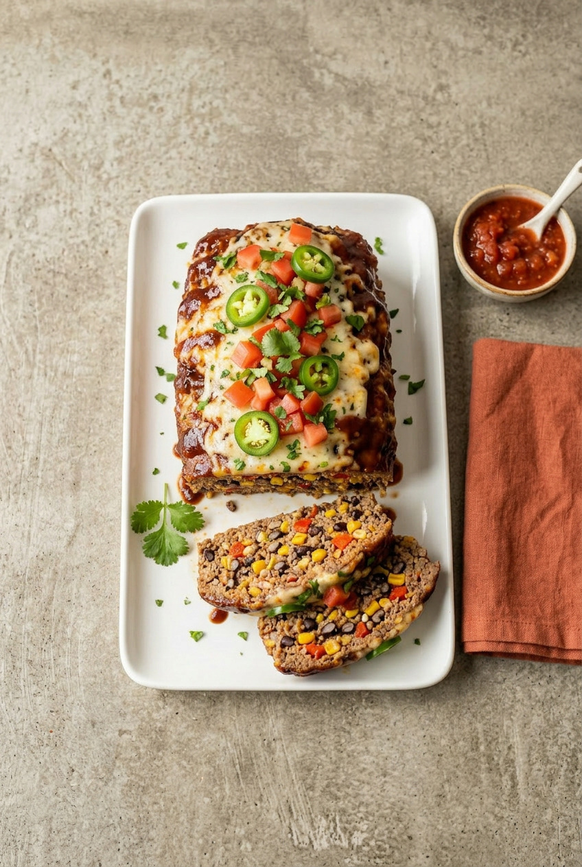 Overhead view of Mexican meatloaf showing chipotle glaze, melted pepper jack, and fresh cilantro garnish