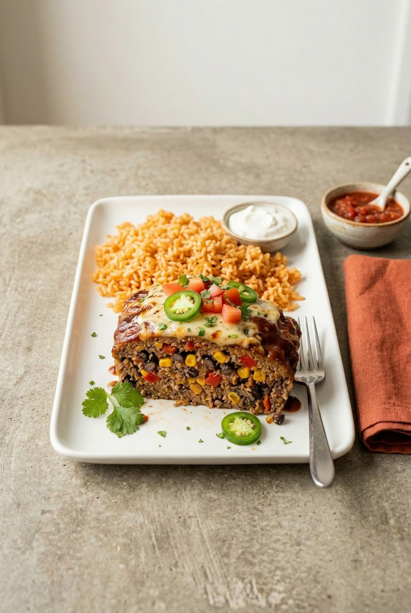 Mexican meatloaf sliced and served on a plate with rice and roasted vegetables