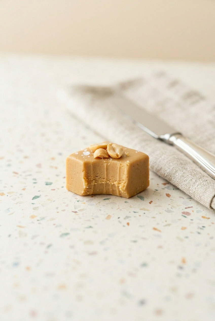 Close-up of peanut butter fudge with a bite taken showing smooth dense interior