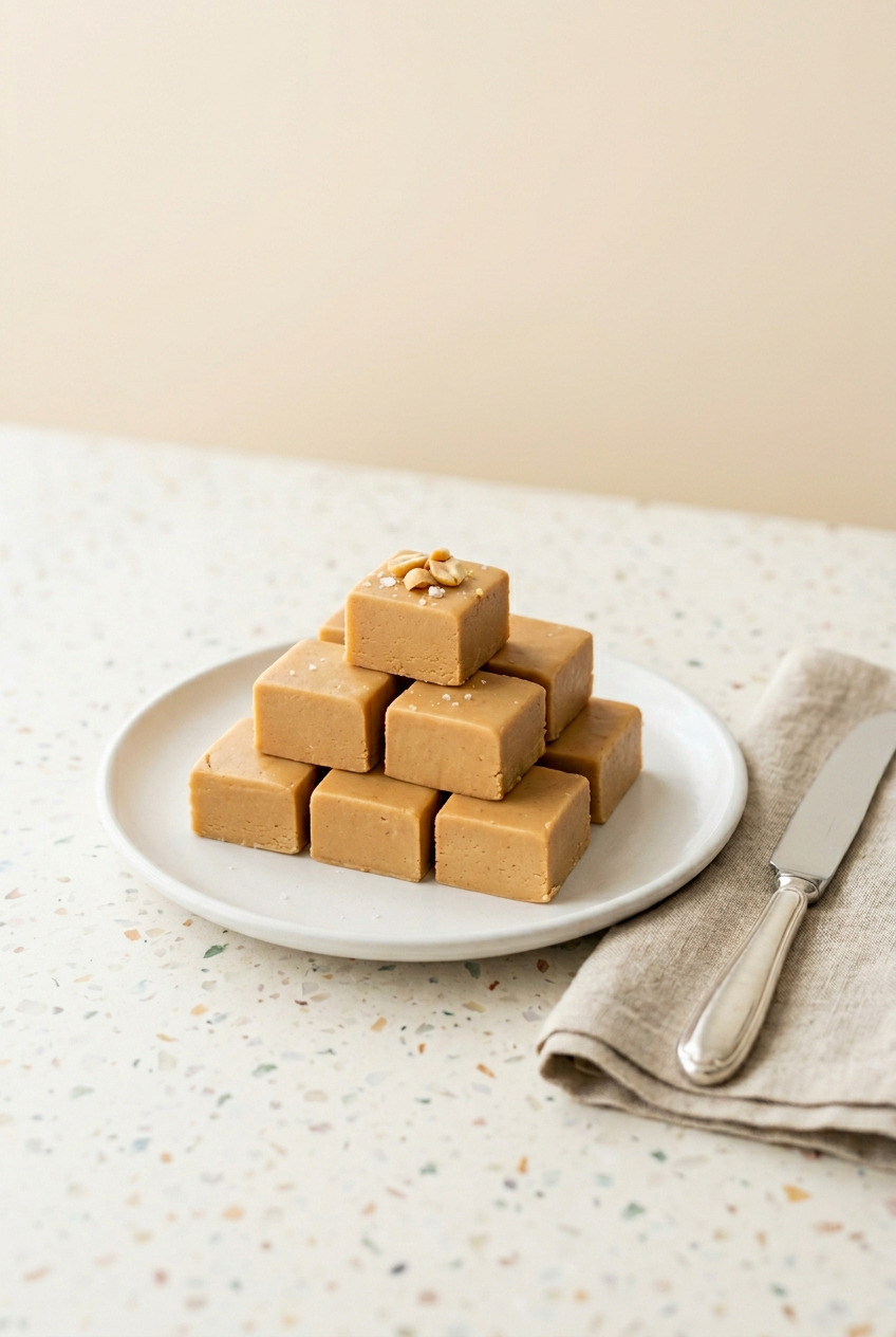 Peanut butter fudge squares stacked on a white plate on pale terrazzo surface