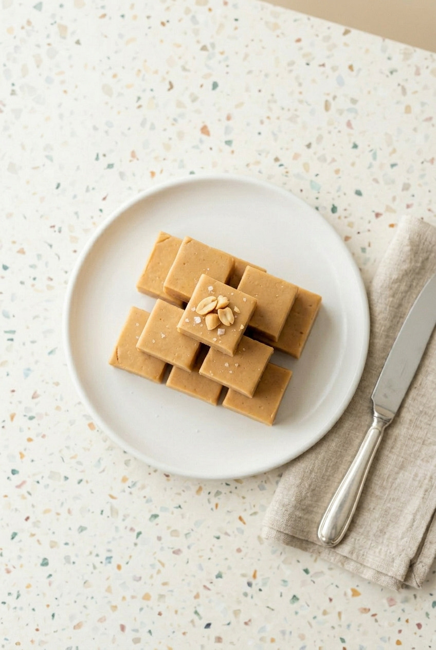 Overhead view of peanut butter fudge squares arranged on a white plate