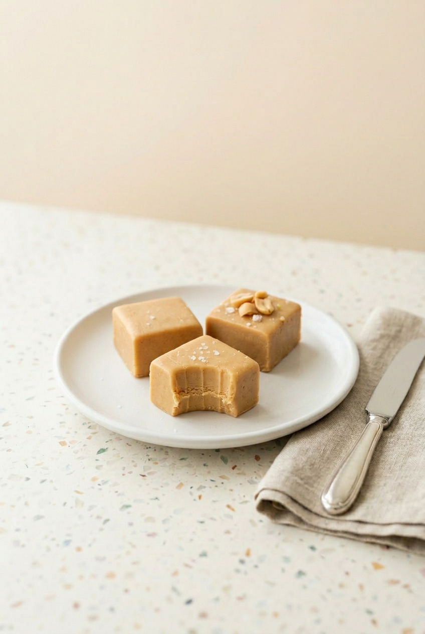 Peanut butter fudge squares on a white plate showing smooth dense texture