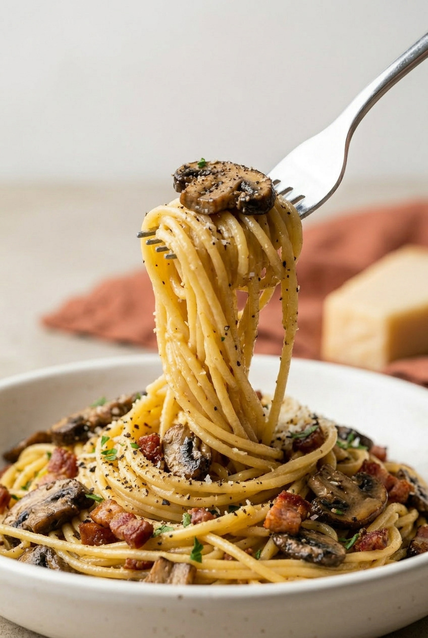 mushroom carbonara closeup
