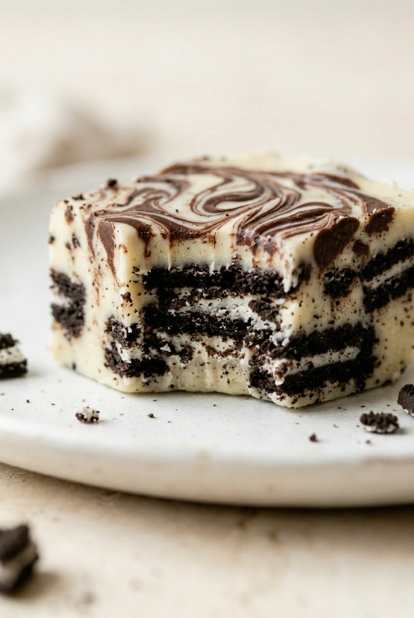 Close-up of Oreo fudge showing cookie pieces
