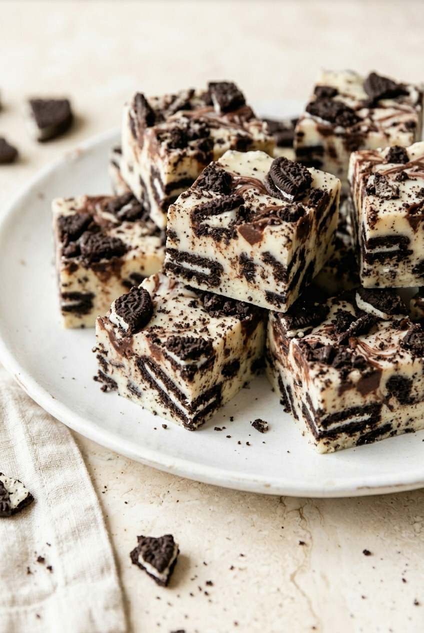 Oreo fudge squares stacked on a plate
