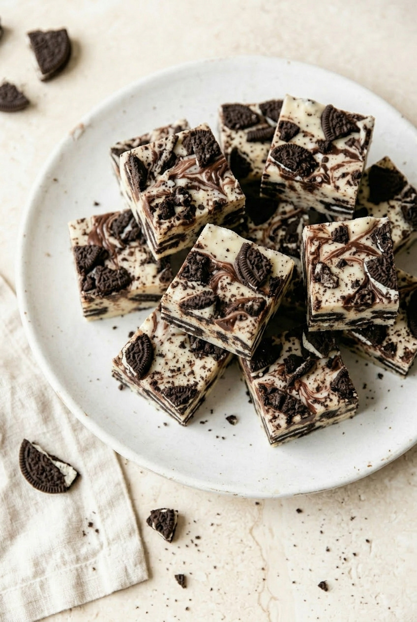 Overhead view of Oreo fudge in a pan