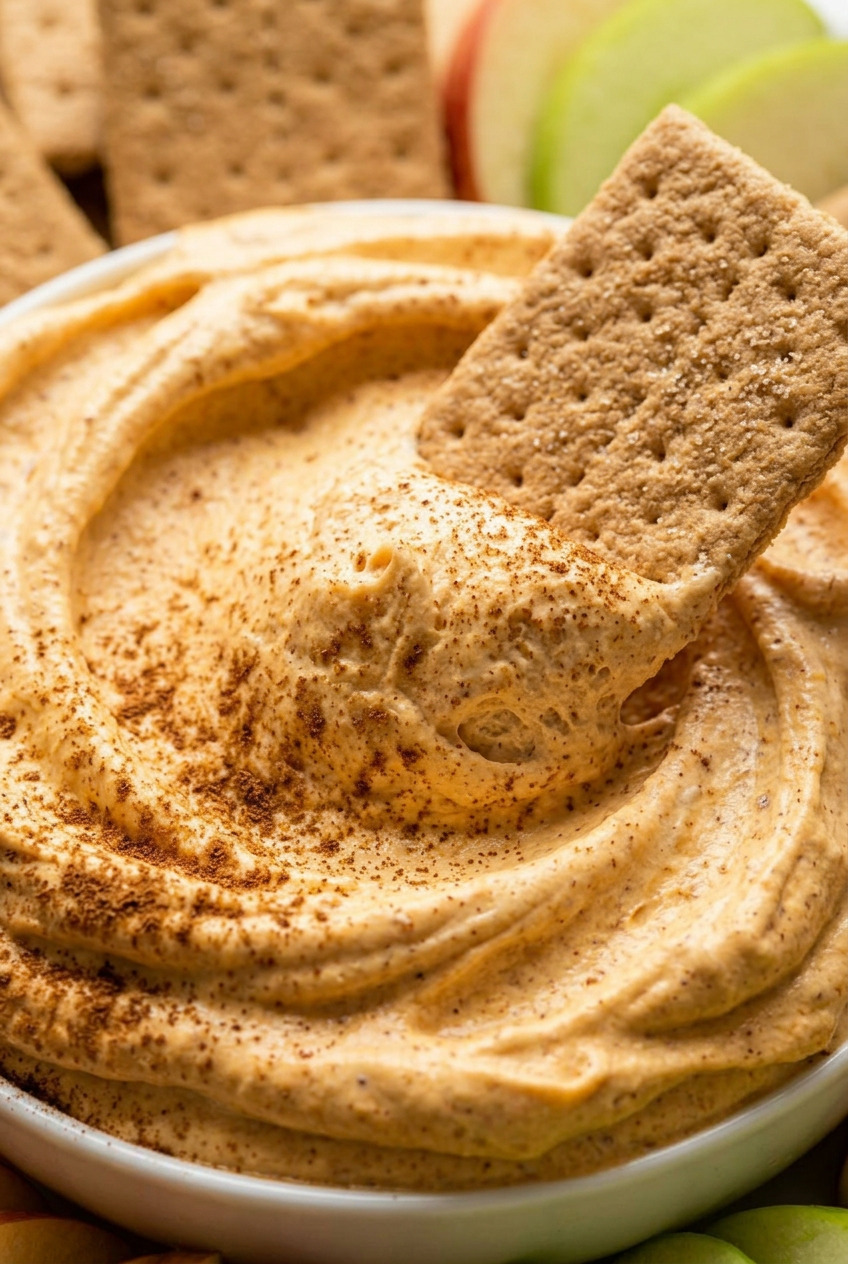 Close-up of fluffy pumpkin dip on a graham cracker showing light airy texture