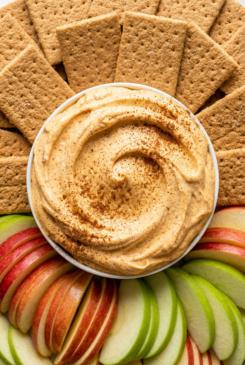 Pumpkin fluff dip in a bowl surrounded by graham crackers and apple slices for dipping