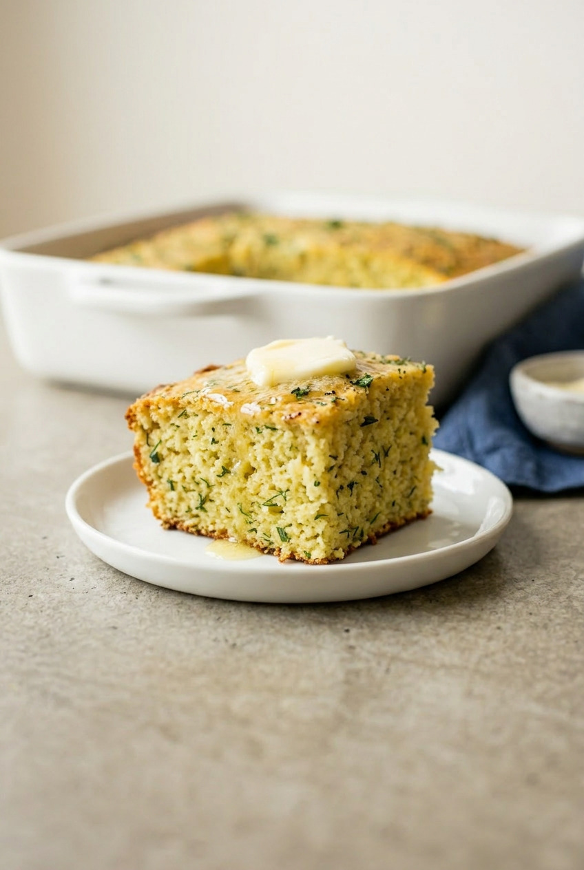 Close-up of a ranch cornbread square showing tender crumb with herbs