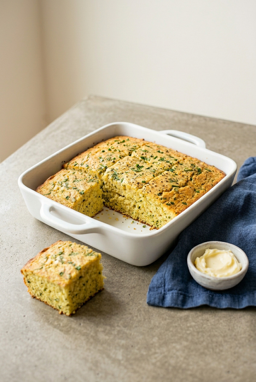 Golden ranch cornbread squares in a baking pan with fresh herbs