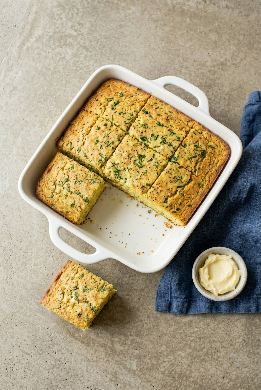 Overhead view of ranch cornbread squares showing golden top with herb flecks