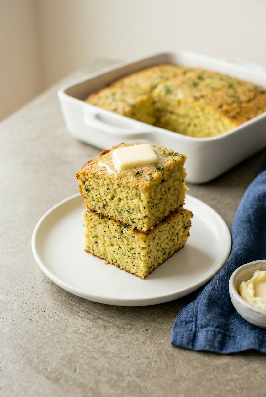 Ranch cornbread square served alongside a bowl of chili