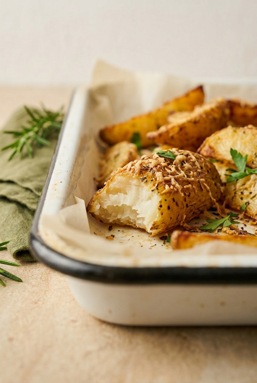 Close-up of a crispy roasted parmesan potato wedge showing golden crust