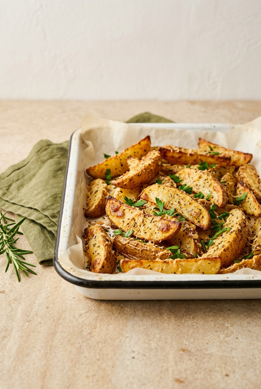 Crispy roasted parmesan potatoes with golden edges on a baking sheet