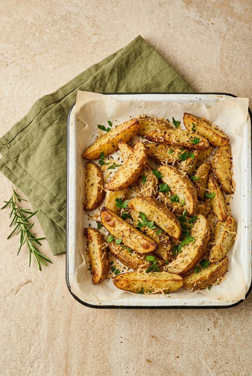 Overhead view of roasted parmesan potatoes with herbs on a sheet pan