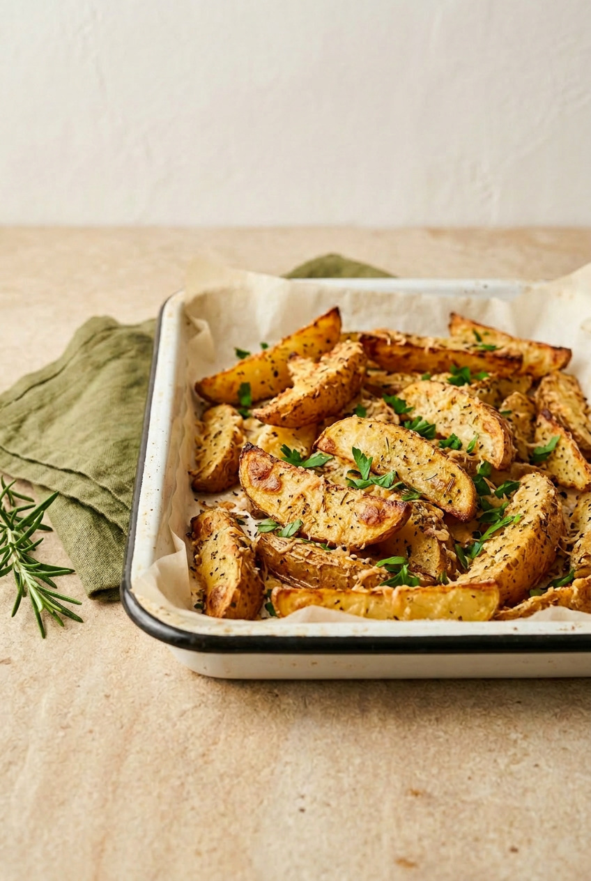 Roasted parmesan potatoes served on a plate alongside a main dish