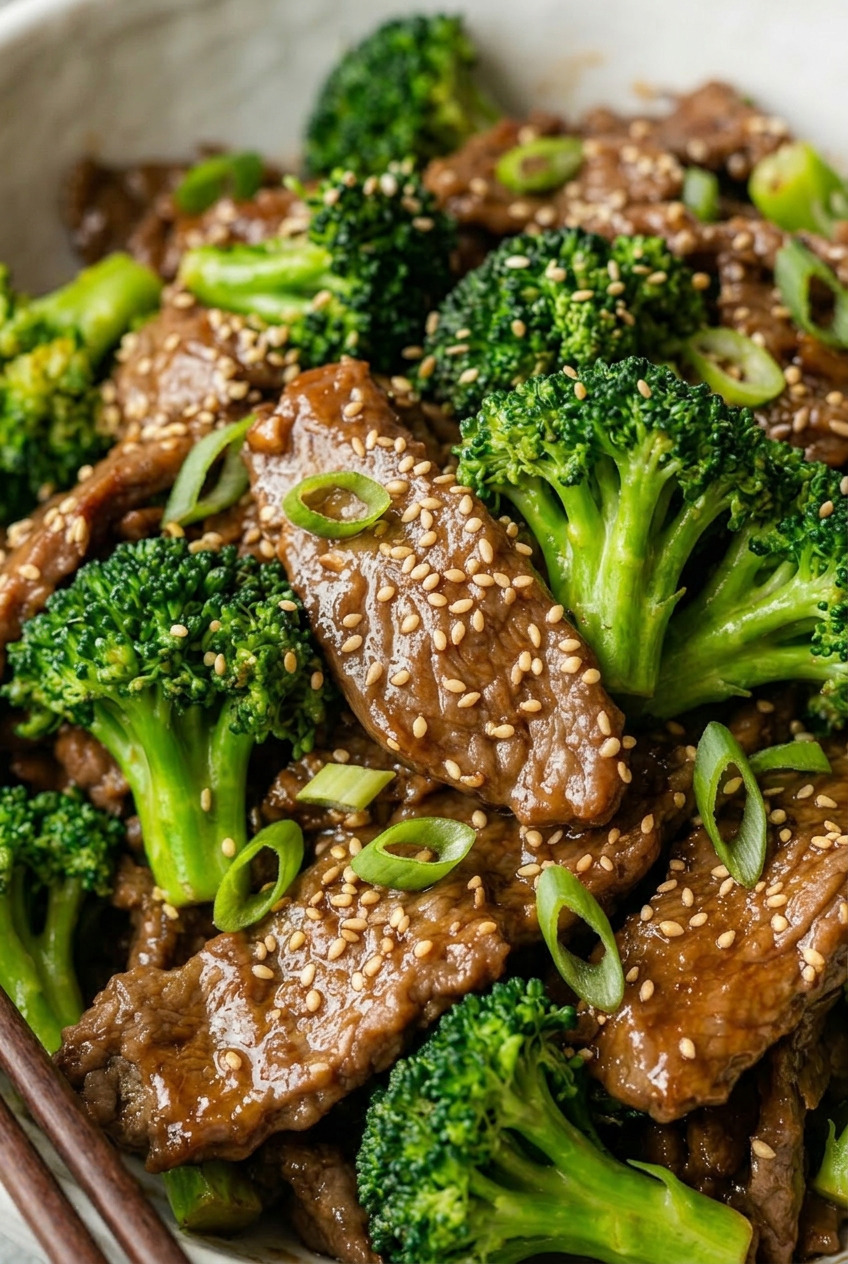 Close-up of sheet pan beef and broccoli with glossy soy ginger sauce