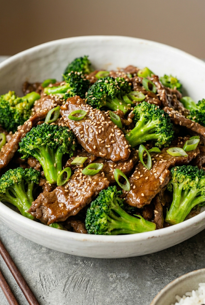 Sheet pan beef and broccoli with glossy sauce over white rice