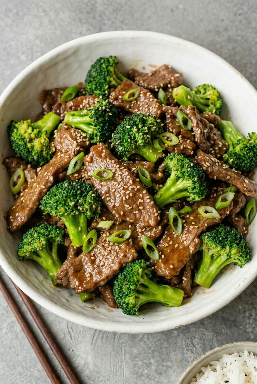 Overhead view of sheet pan beef and broccoli fresh from the oven