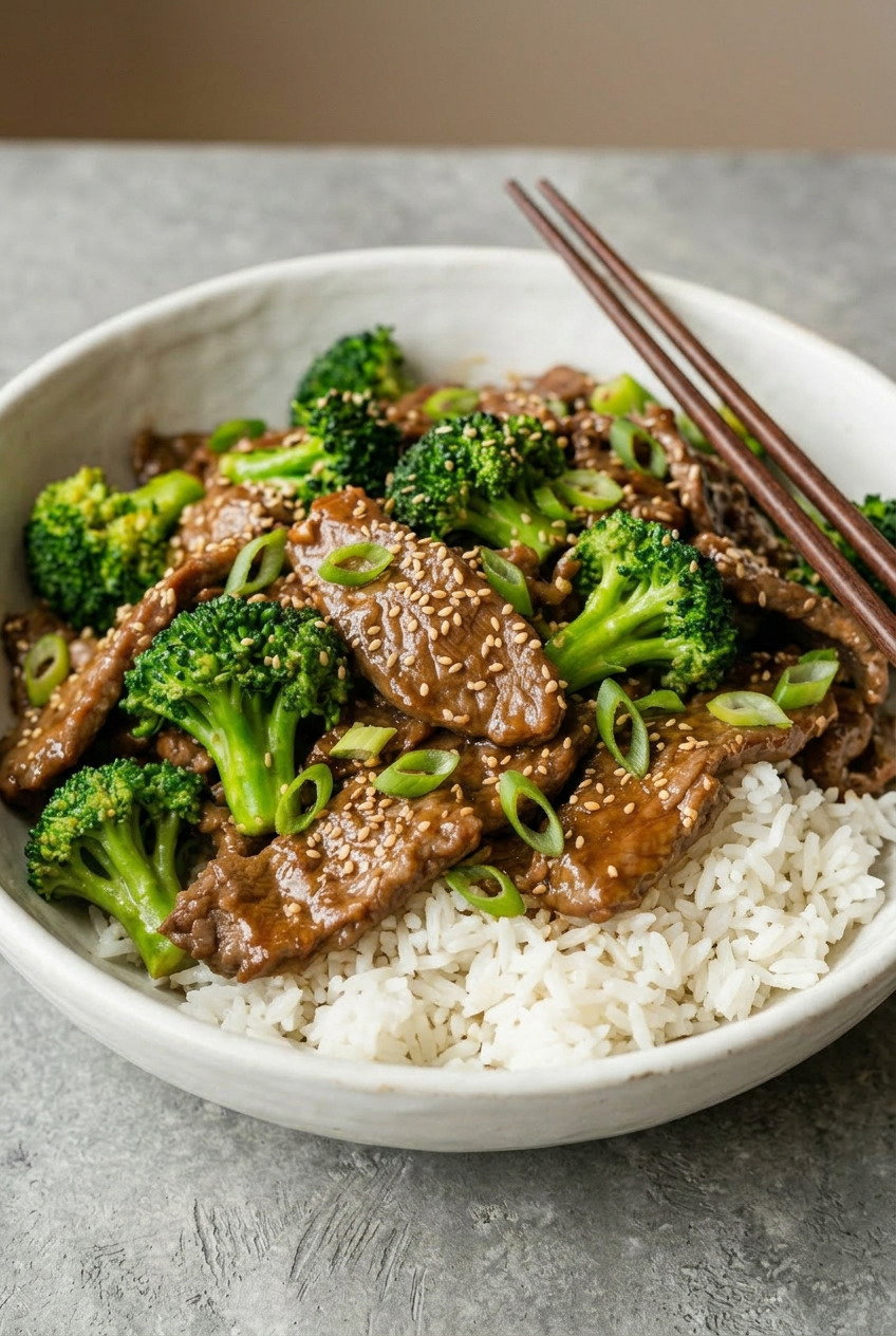 Plate of sheet pan beef and broccoli over white rice with sesame seeds