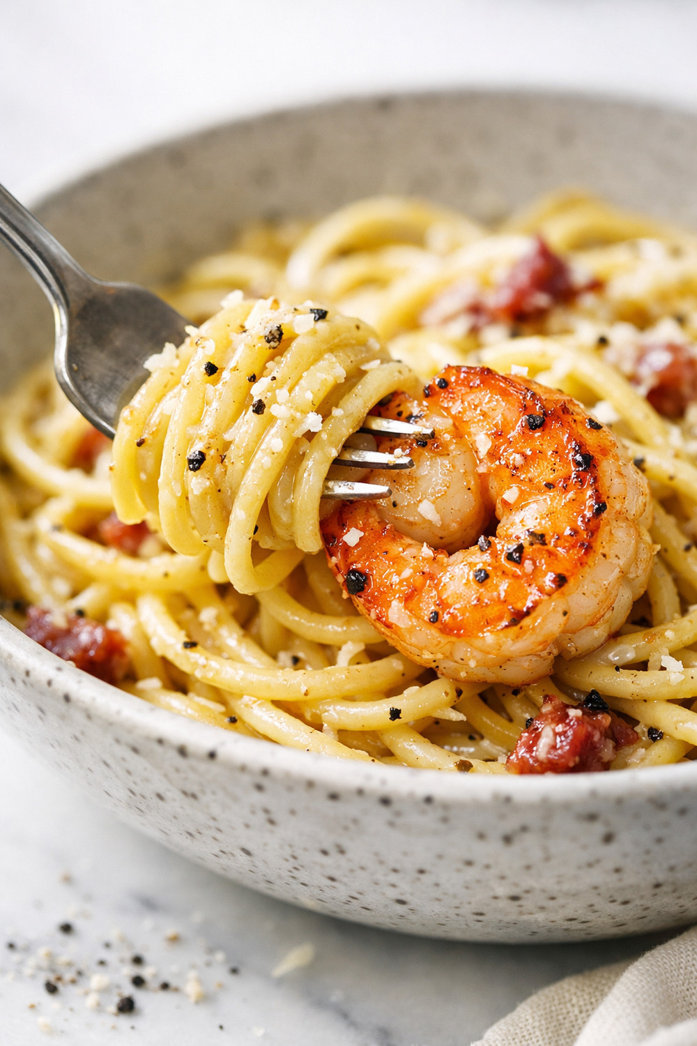 Close-up of tongs lifting shrimp carbonara with silky sauce