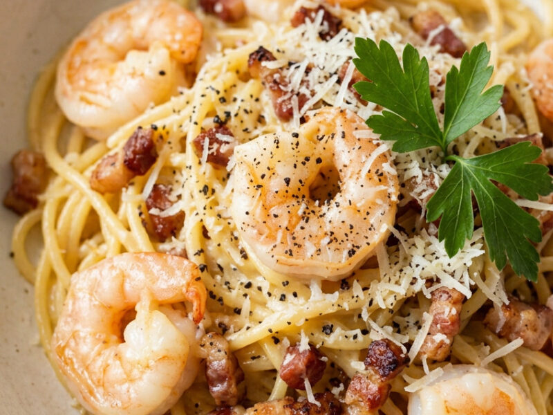 Shrimp carbonara in a stoneware bowl with pecorino and black pepper