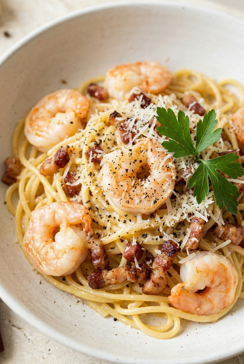 Shrimp carbonara in a stoneware bowl with pecorino and black pepper