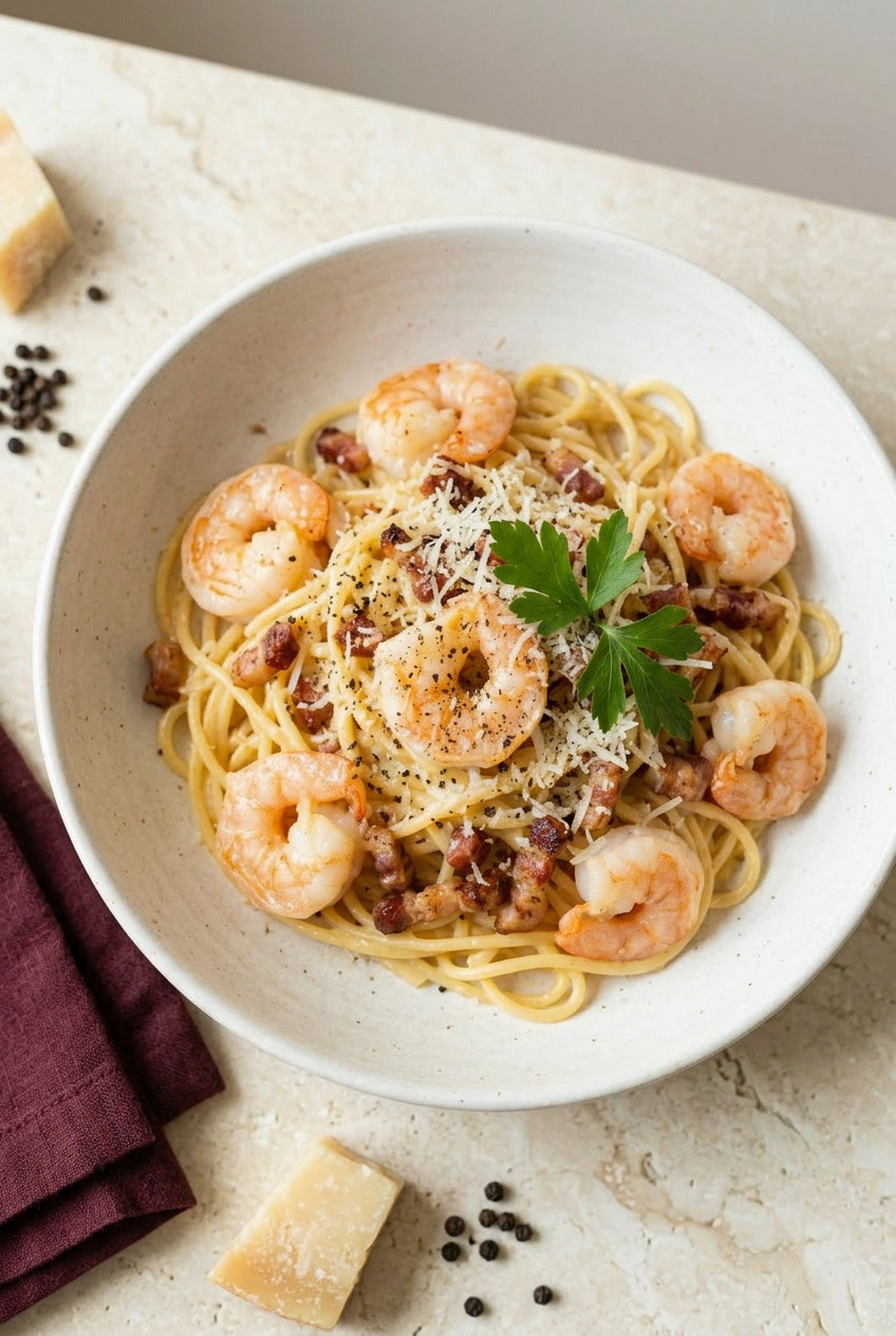 Overhead view of shrimp carbonara with golden sauce and shrimp