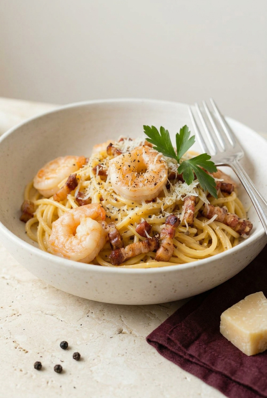 Two bowls of shrimp carbonara with pecorino