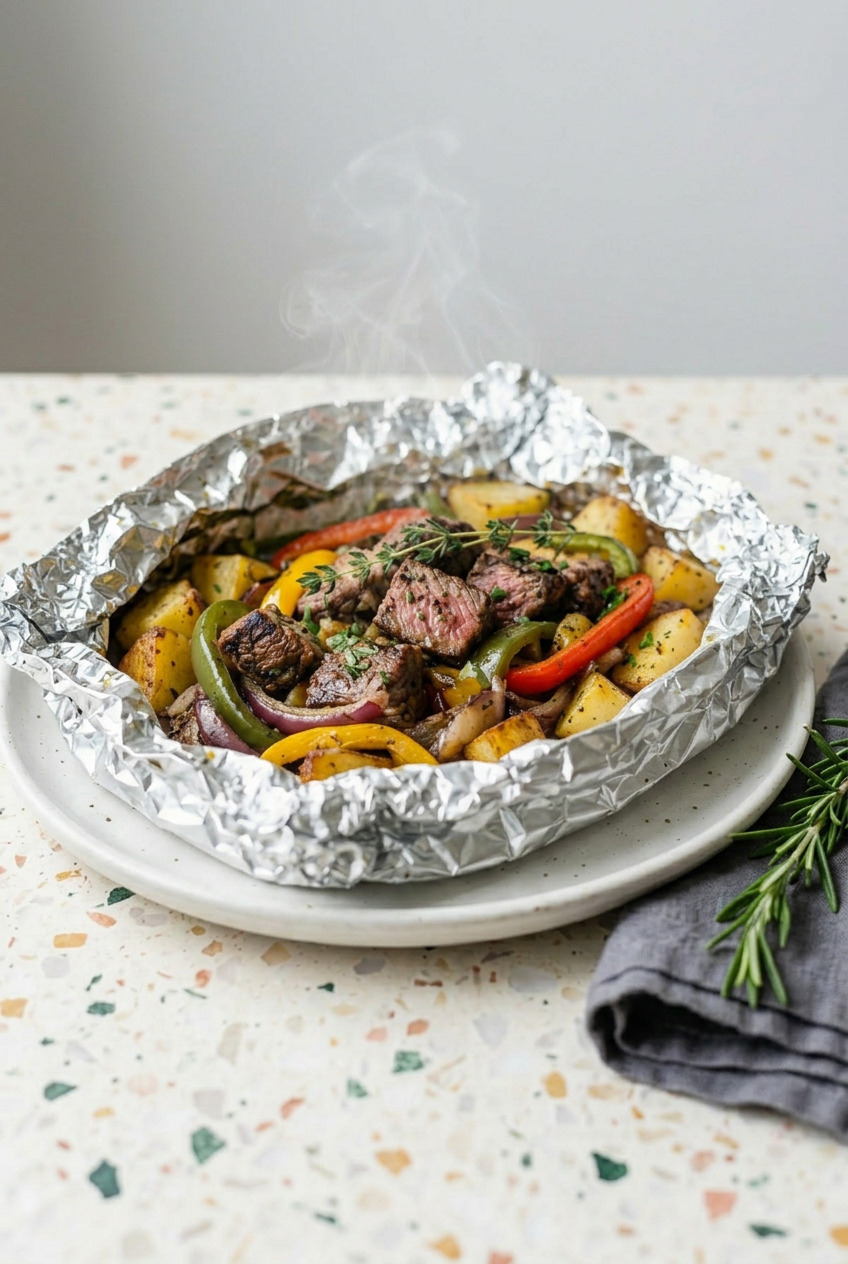 Close-up of steak and potato foil packet contents showing juicy steak bites, tender potatoes, and caramelized peppers with melted butter and herbs