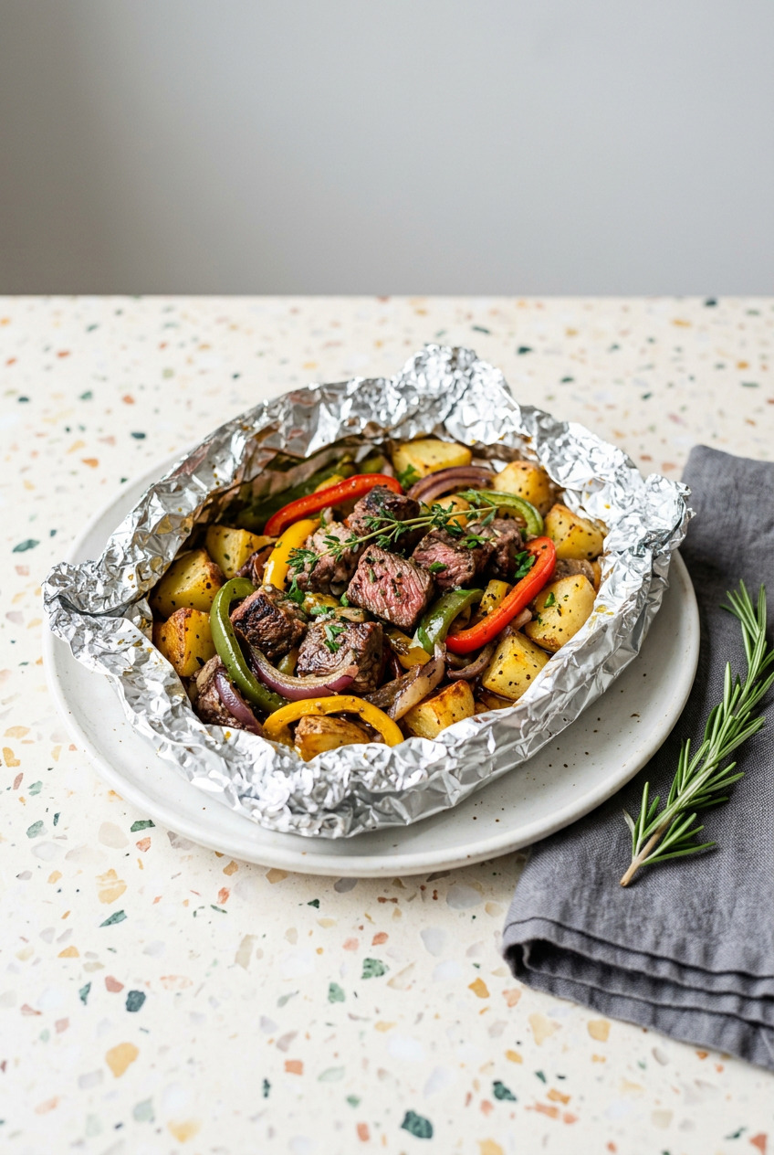 Open steak and potato foil packet showing seasoned steak bites with roasted potatoes, colorful bell peppers, and fresh herbs