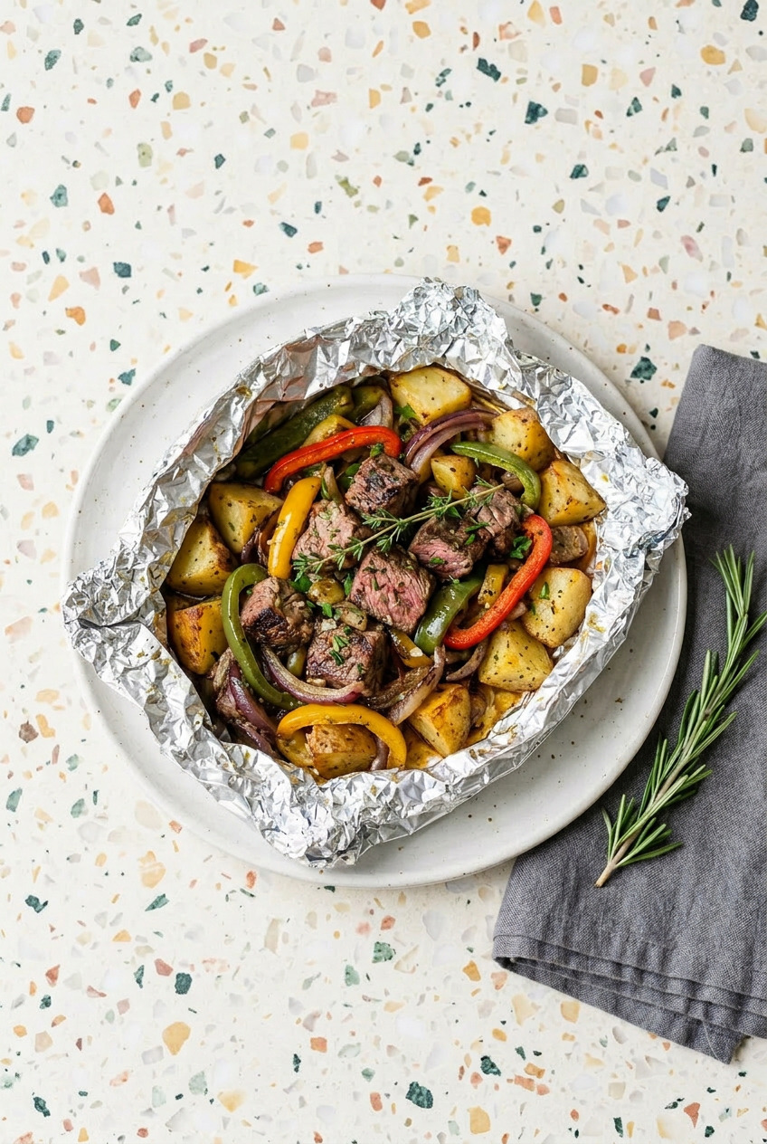 Overhead view of four assembled steak and potato foil packets before sealing, showing seasoned steak, potatoes, peppers, and herbs