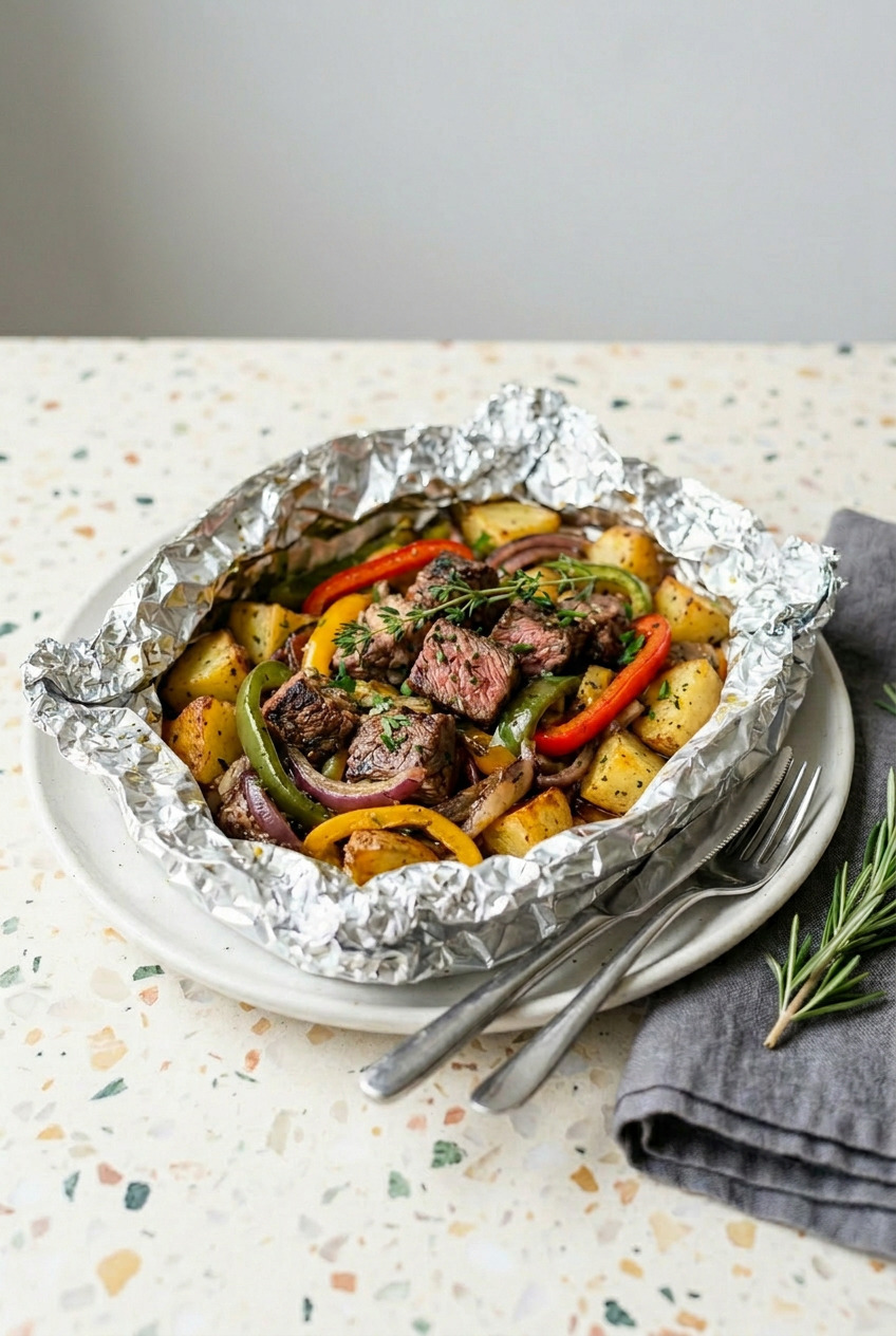 Steak and potato foil packet served open on a plate with colorful peppers, tender potatoes, and herb-butter sauce