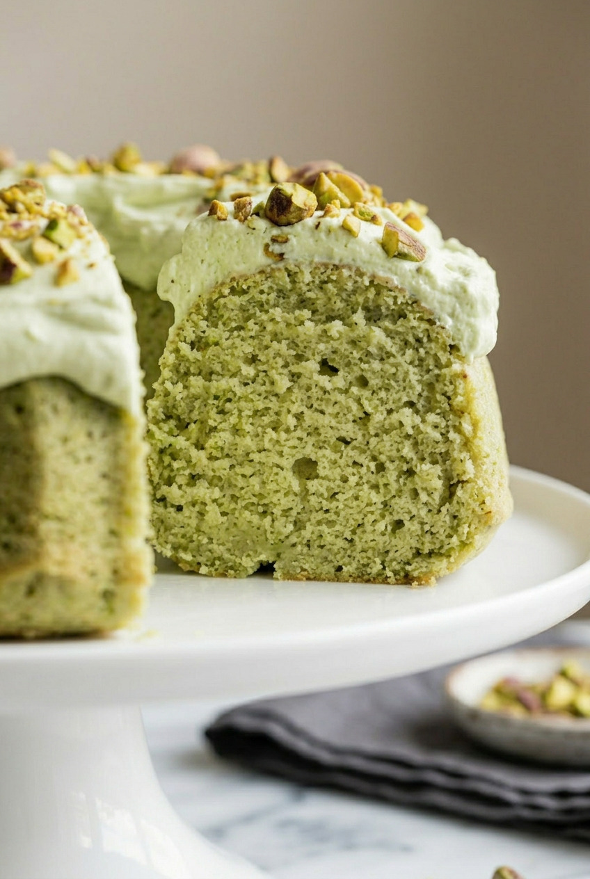 Close-up slice of Watergate cake showing green pistachio crumb and fluffy frosting