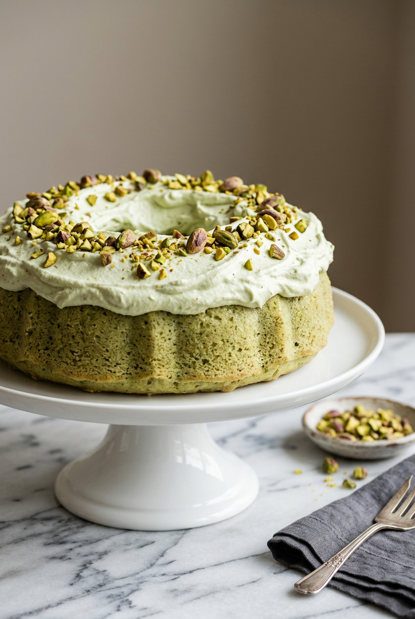 Green-tinted Watergate cake with pistachio whipped cream frosting and chopped pecans