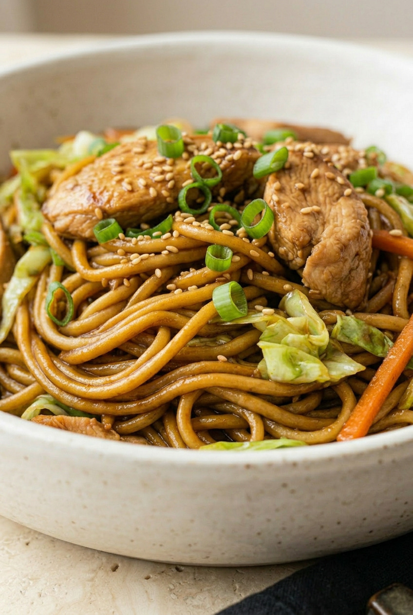 Close-up of yakisoba noodles