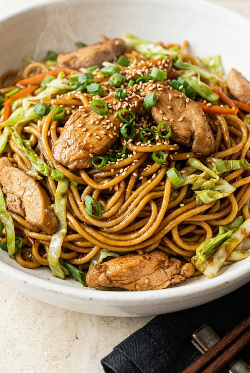 Yakisoba chicken in a skillet