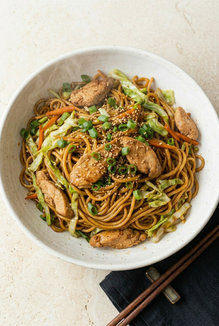 Overhead view of yakisoba chicken