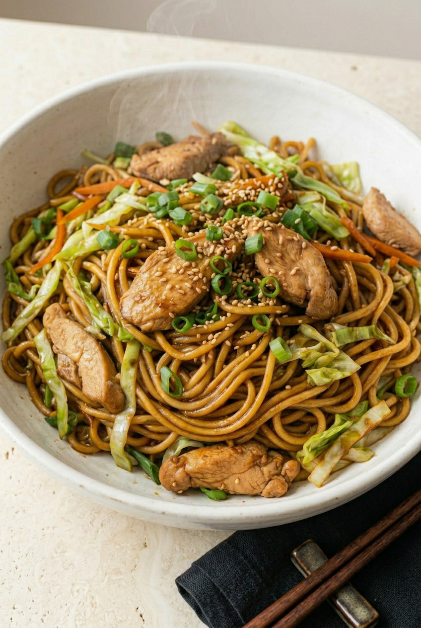 Yakisoba chicken served in a bowl